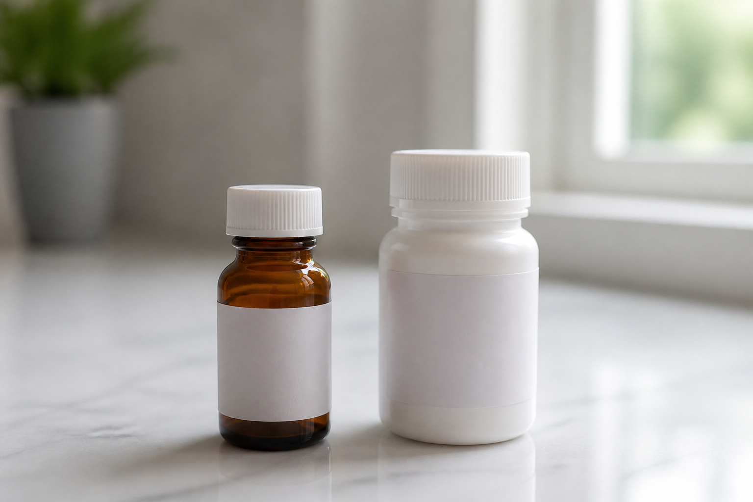 Two distinct medicine bottles on a clean counter, documentary still life, no people